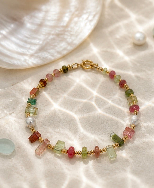 Tourmaline m, freshwater pearls, and gold fill bracelet