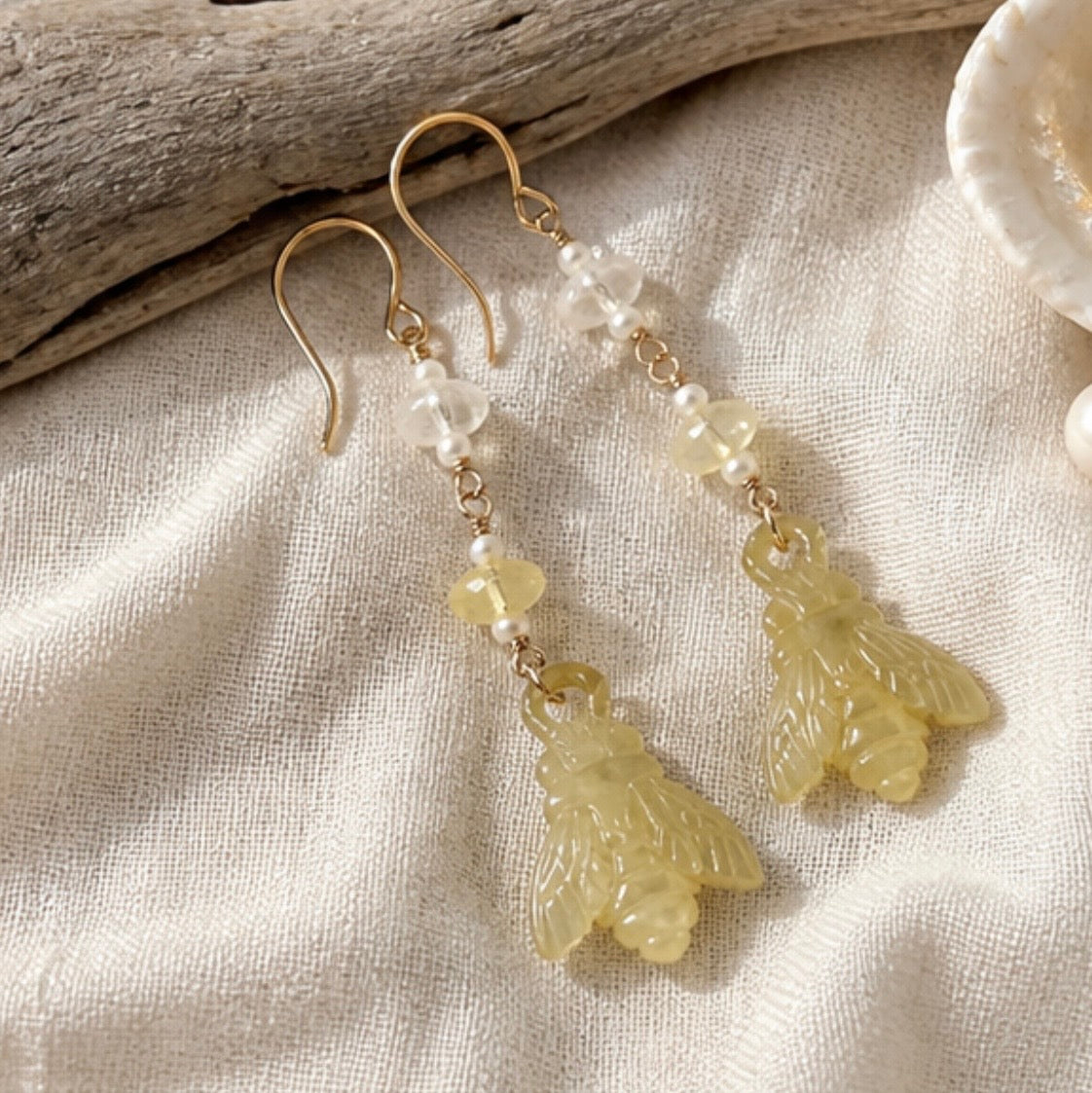 Carved Mother of Pearl Bee Earrings with Faceted Opals