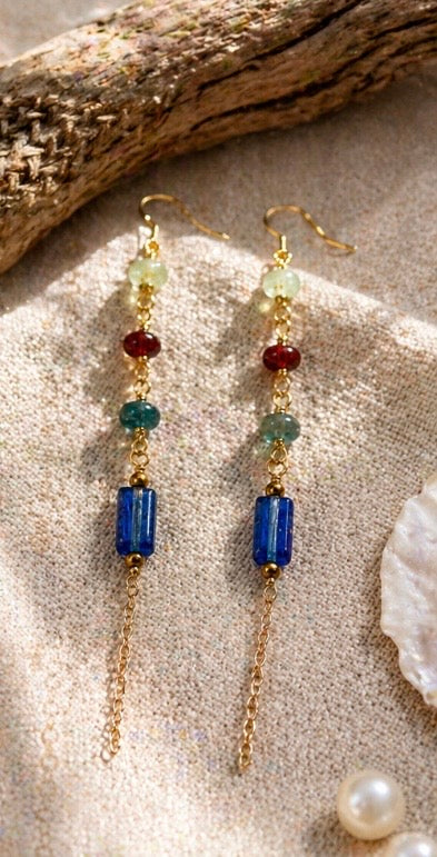 tourmaline, kyanite, and gold fill earrings