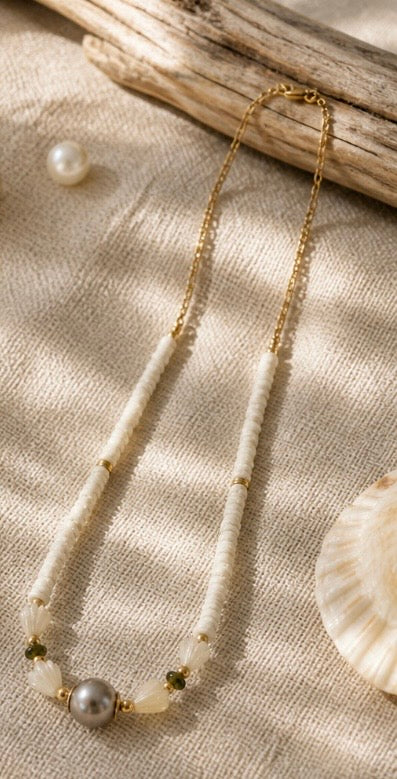 Island Style Shell, Flower, and Tahitian Pearl Necklace