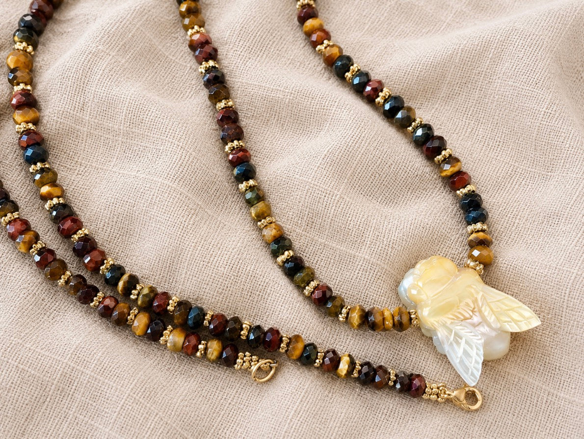 tigers eye and bee necklace