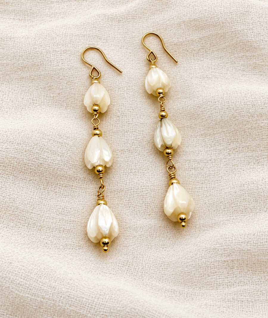 Carved mother of pearl flower earrings with gold fill findings