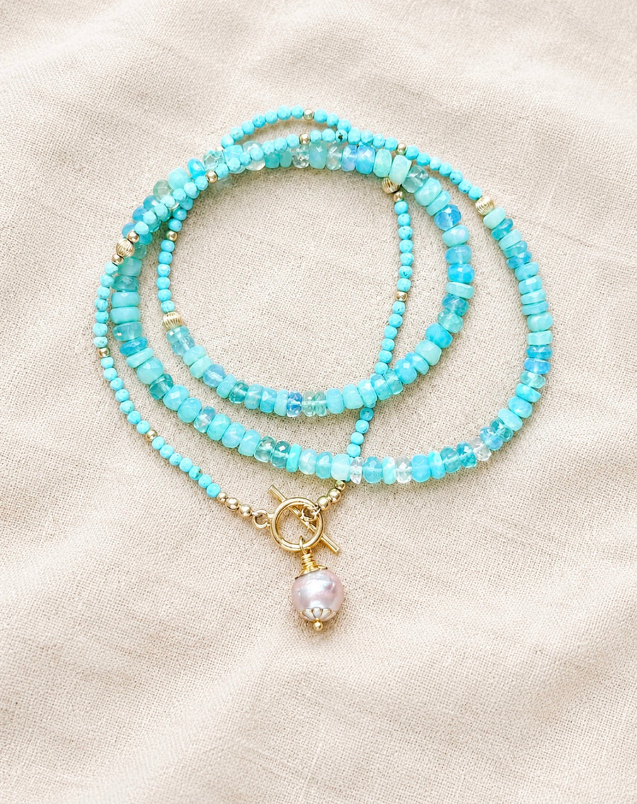 Blue opal and turquoise necklace with an Akoya pearl in gold fill findings