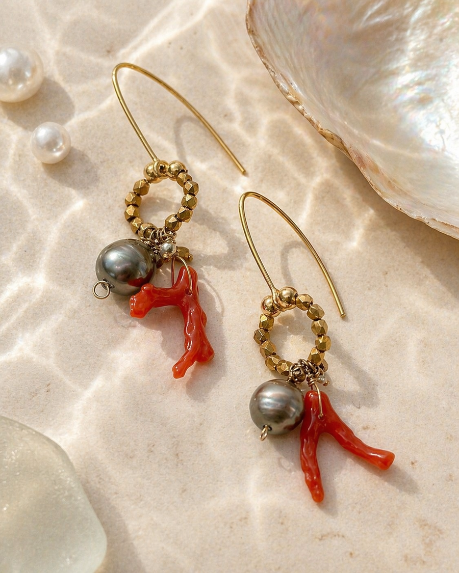 Antique Coral & Tahitian Pearl Drops