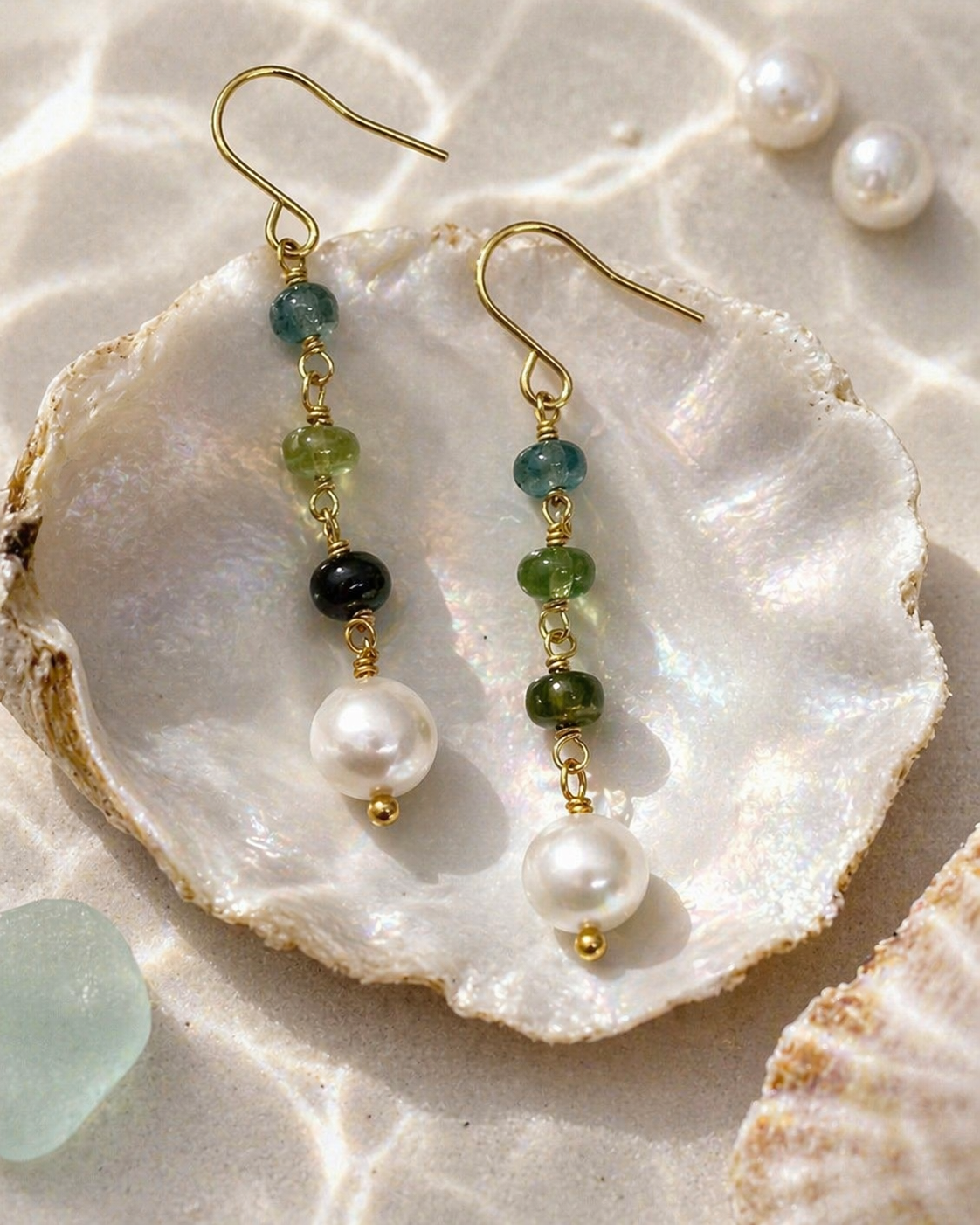 Apatite, Pearl & Garnet Hoops — shell