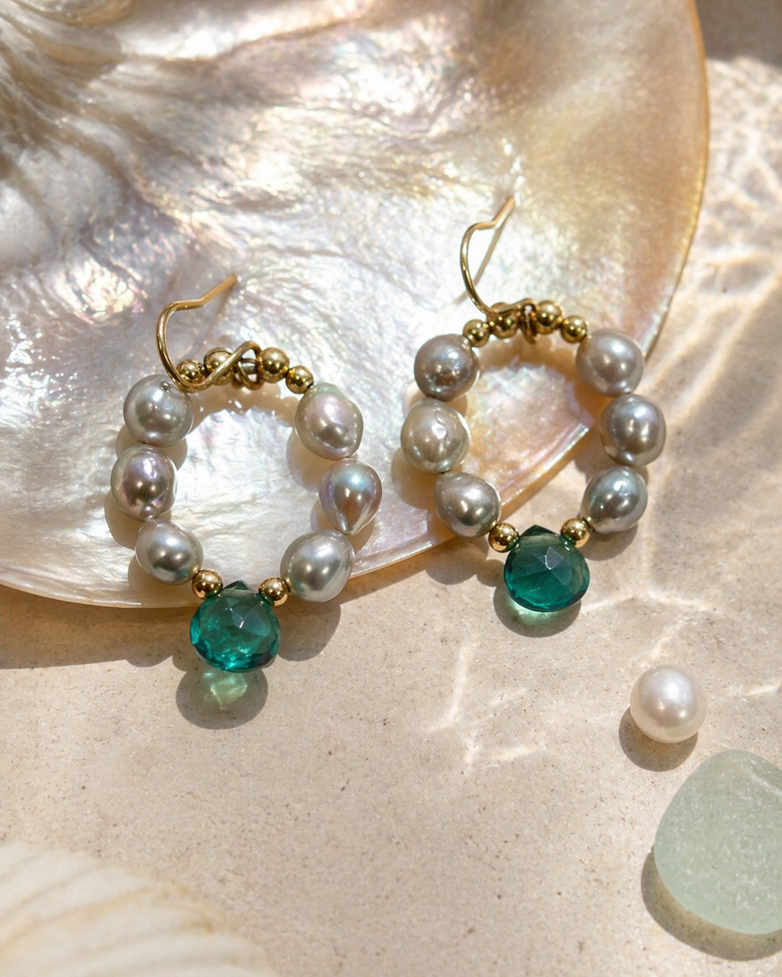 Aquamarine & Pearl Hoops — shell