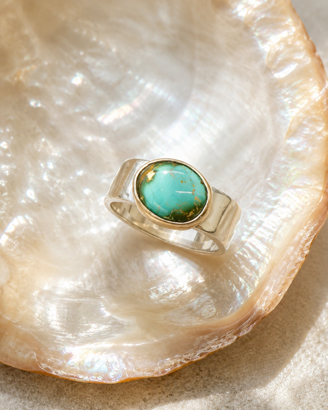 Natural Carico Lake turquoise silver ring — shell