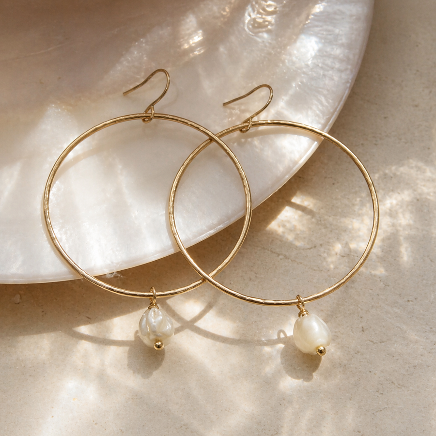 Hammered Hoops with Mother of Pearl Flowers