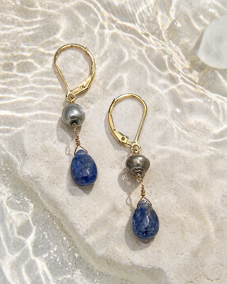 Kyanite & Tahitian Pearl Lever-back Drops