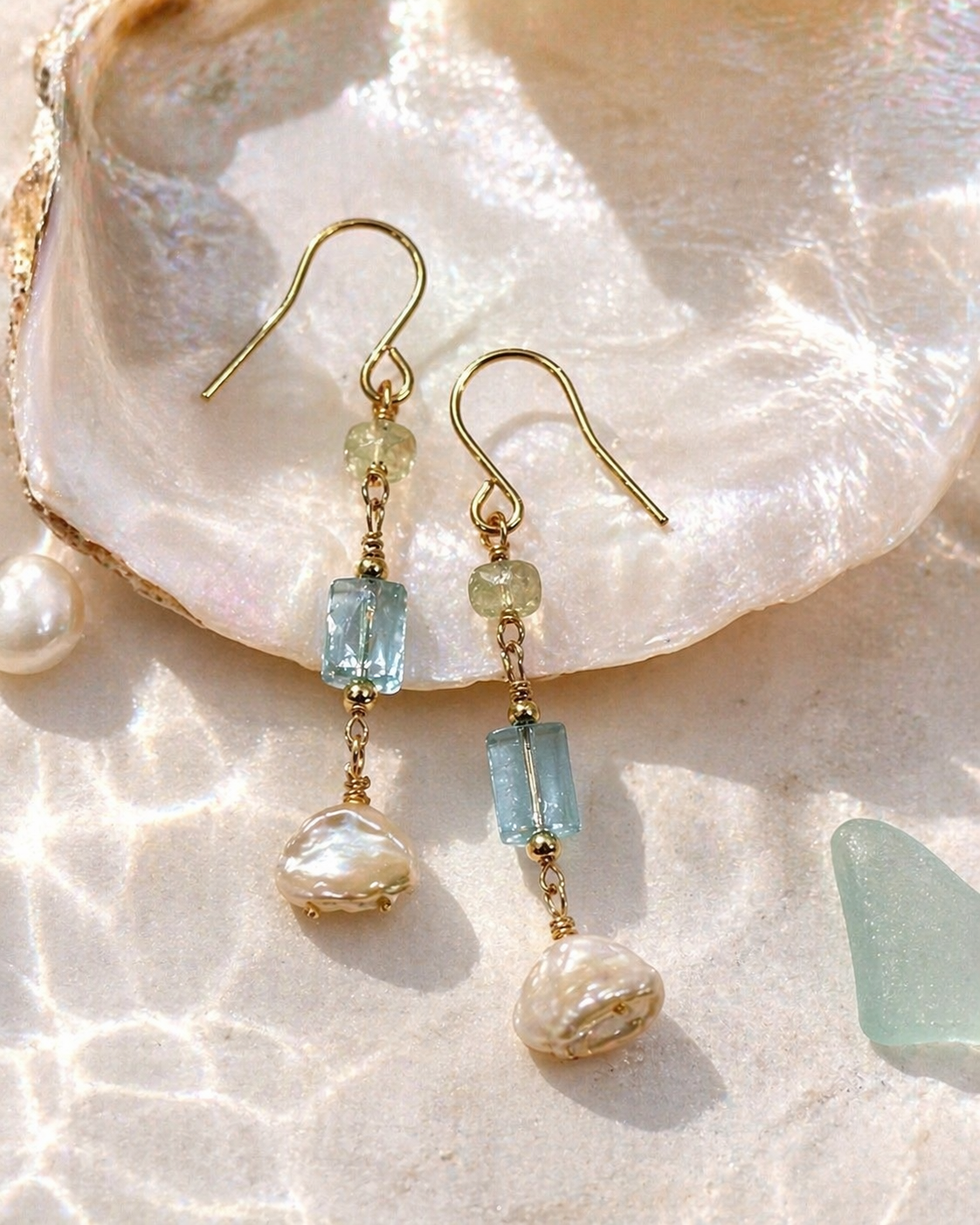 Tourmaline & Freshwater Pearl Drops — shell